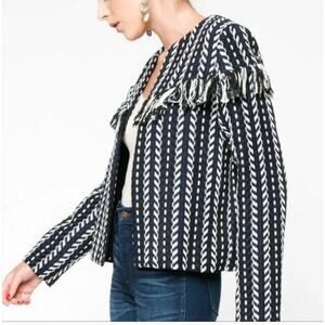 Womens Everly Tweed Fringe Western Jacket Woven in Blue, Black and White Size S